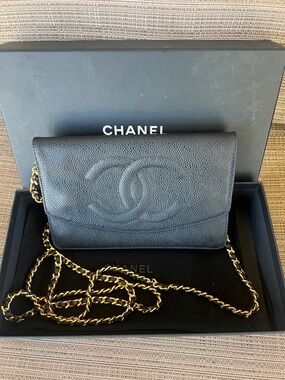 CHANEL Black Caviar Leather Chain Crossbody with Gold-Tone Chain